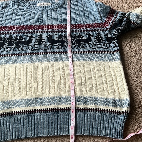 Vintage Nordic Deer Winter Printed Cable Knit Blue White Red Sweater Crewneck - Picture 9 of 9
